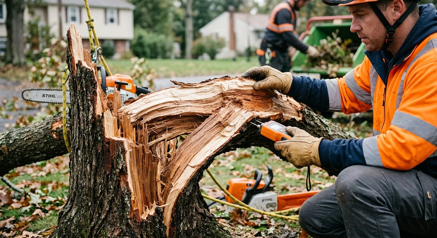 Close-up of split trunk showing tension wood after severe storm damage
