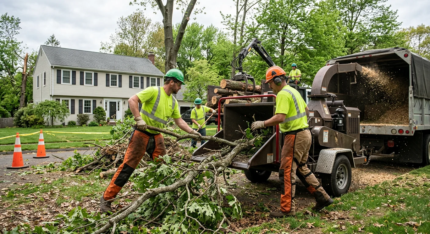 Wood chipper processing storm debris on a suburban Milford lot