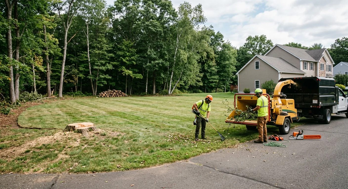 Wide shot of cleared yard after complete storm damage tree cleanup