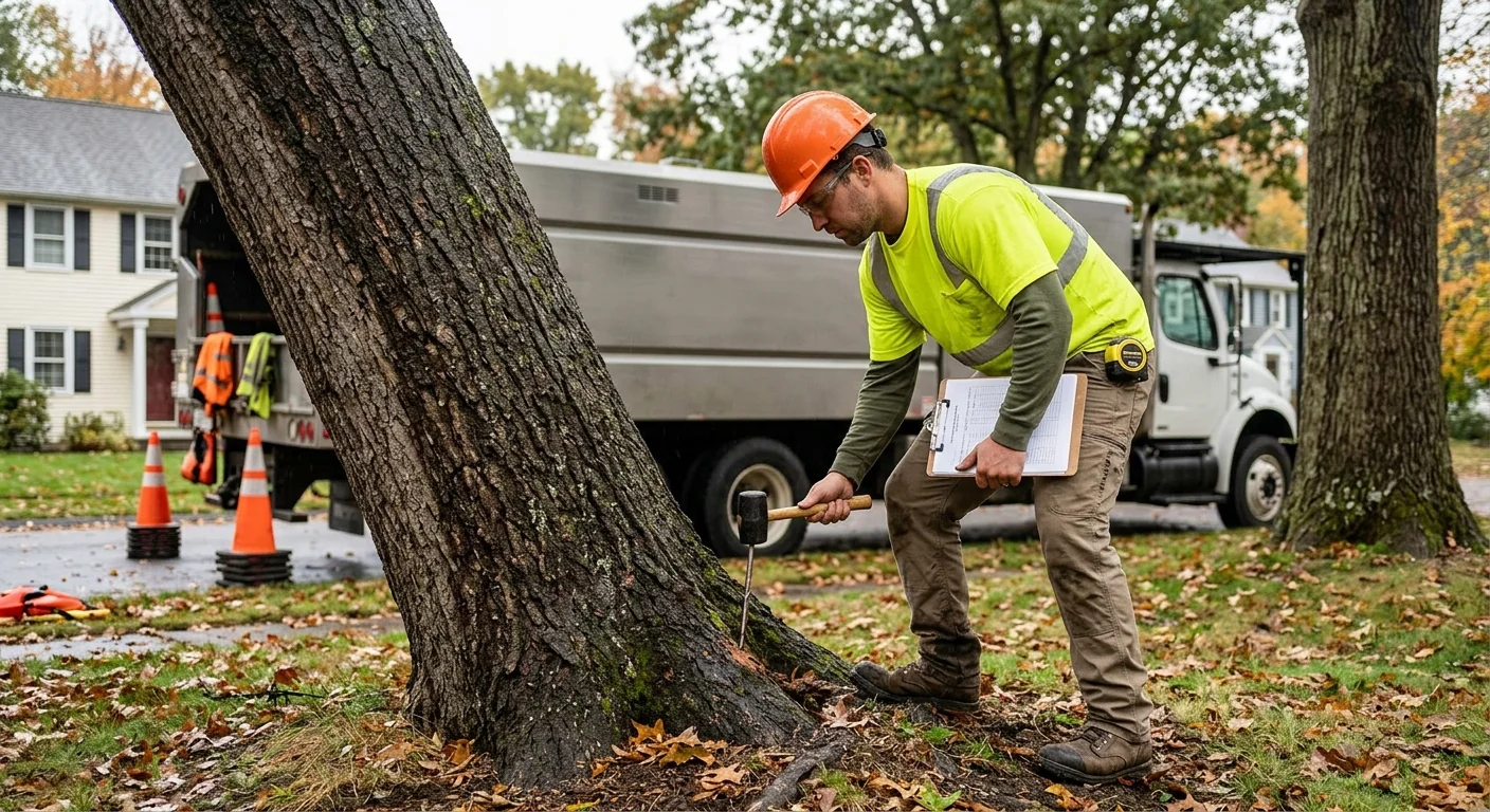 Technician inspecting a hazardous leaning tree before scheduled removal