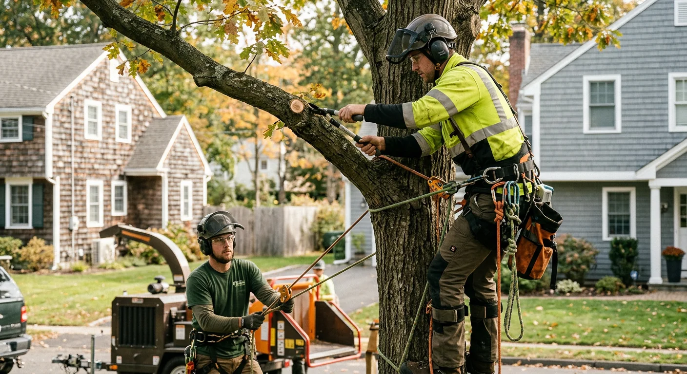 Trained tree crew clearing storm-damaged limbs from a Milford residential property