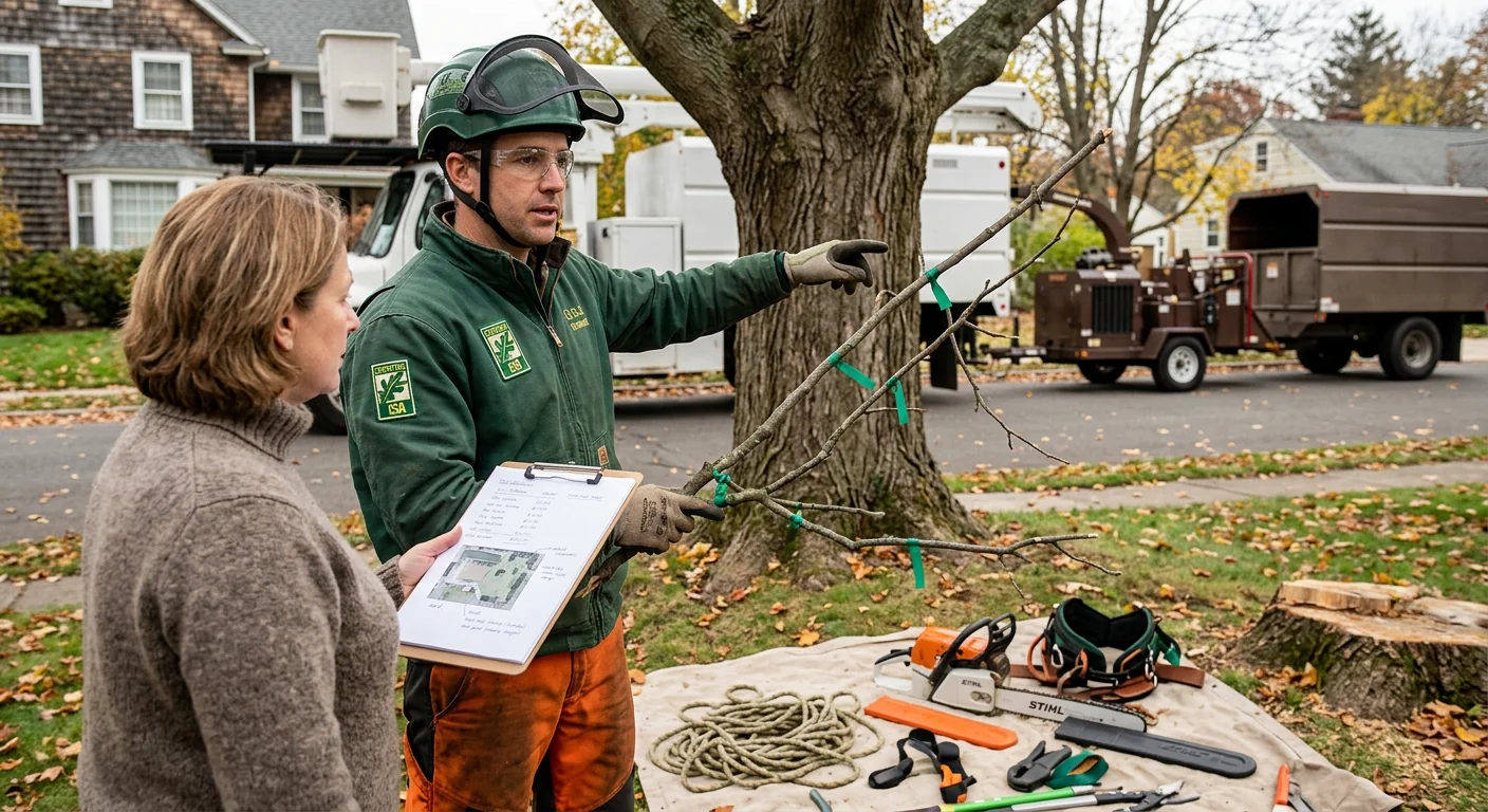 Technician measuring a tree stump diameter before grinding on a Milford residential lawn