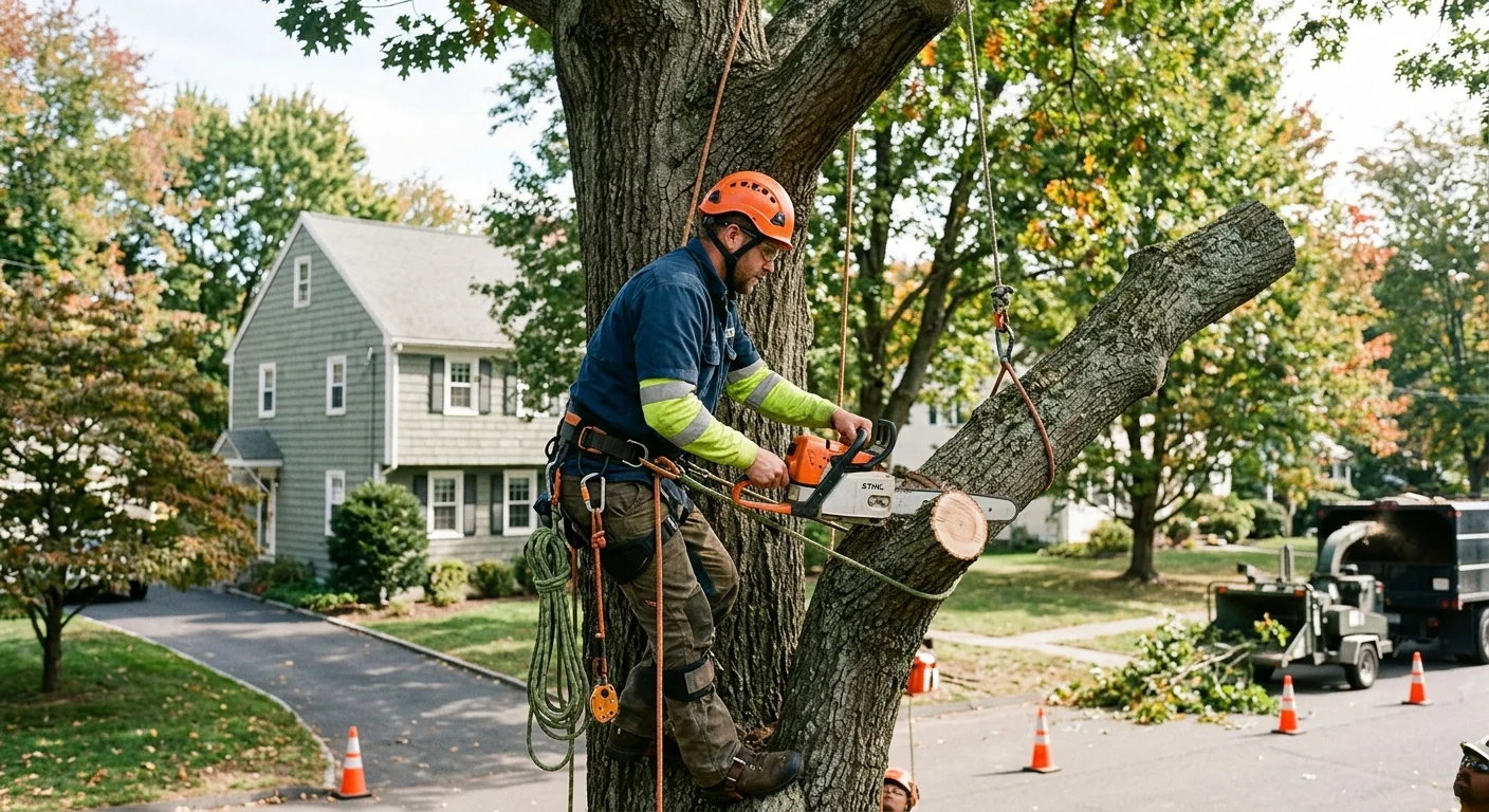 Technician operating a stump grinder in a Milford residential yard