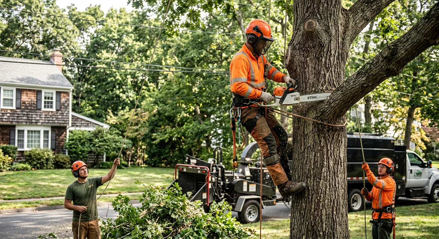 Technician operating a stump grinder on a residential lawn in Milford