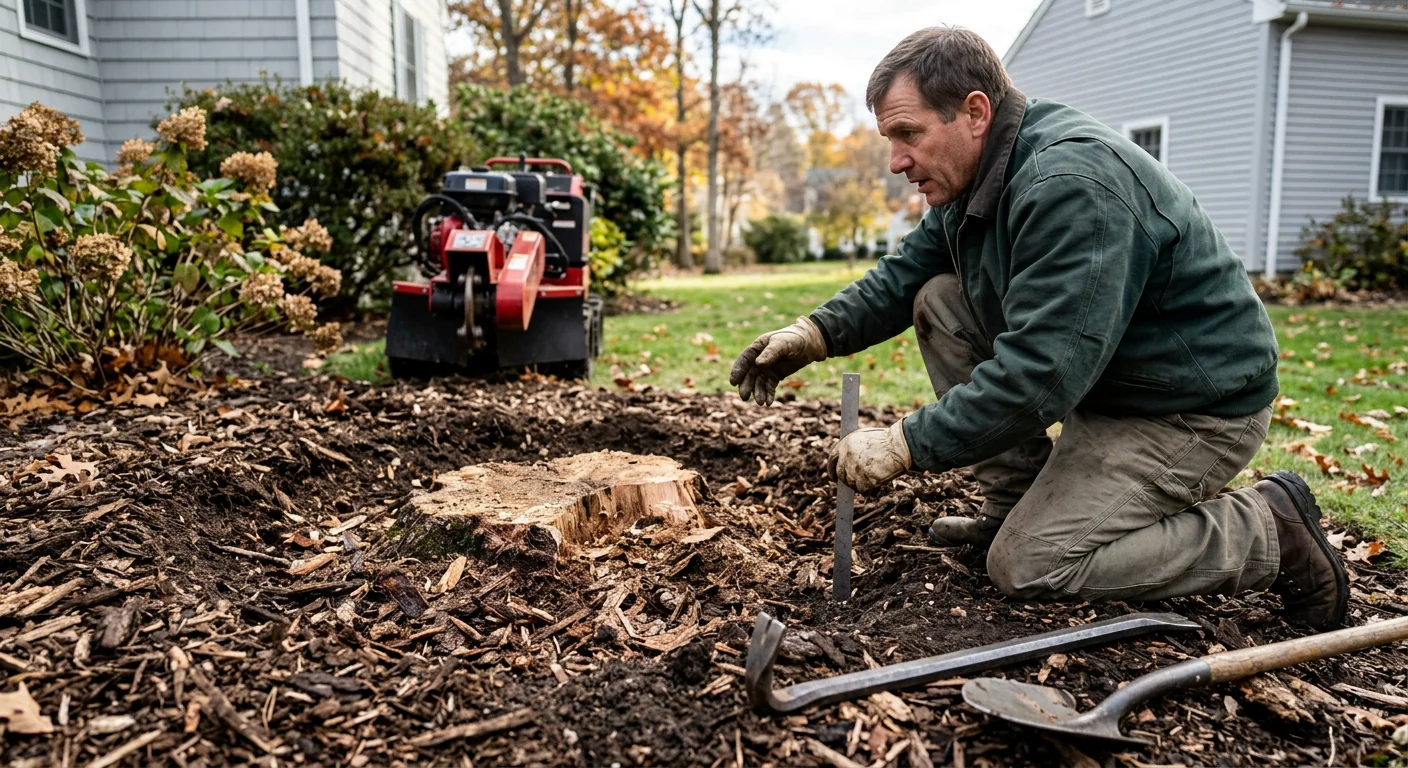 Close-up of a hardwood stump reduced below grade after grinding in Milford