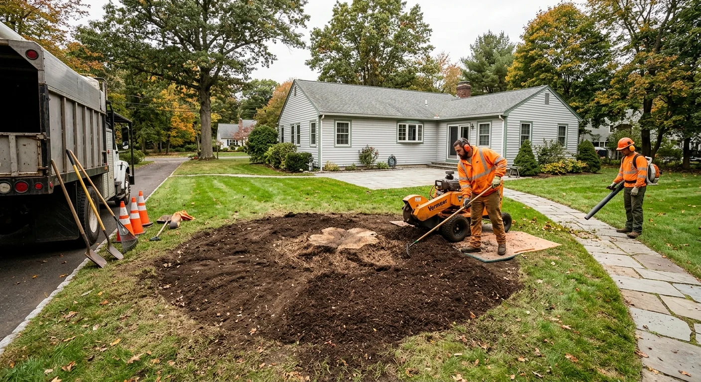 Wide shot of a residential backyard cleared of a large maple stump