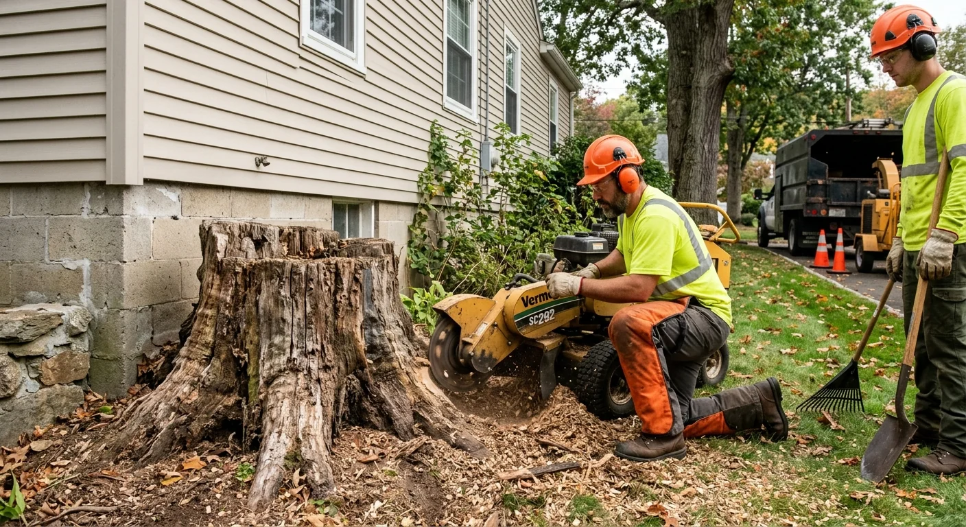 Before context showing a decayed oak stump near a home foundation
