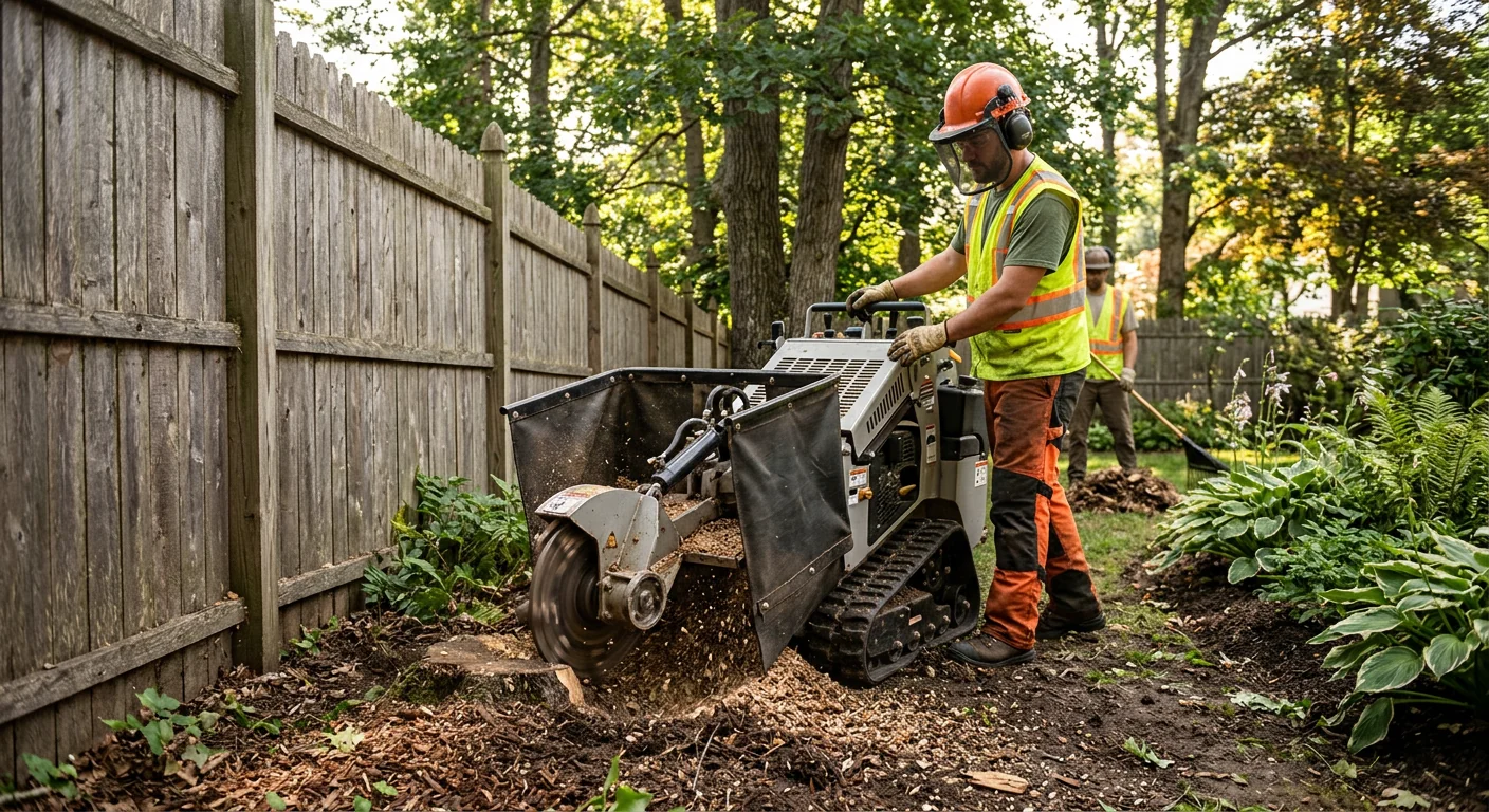 Compact grinder positioned in a narrow side yard between fence and garden