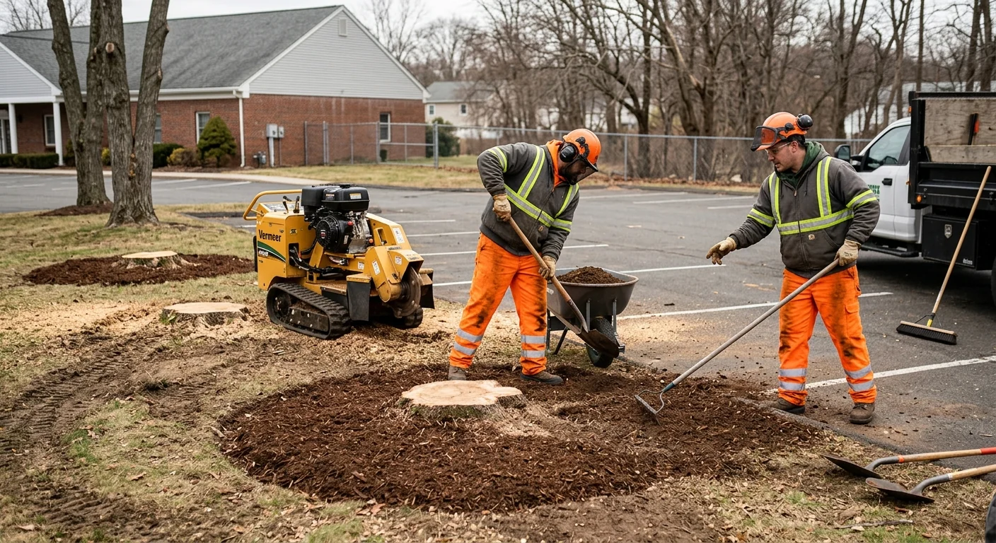 Multiple stumps removed from a commercial lot after storm cleanup