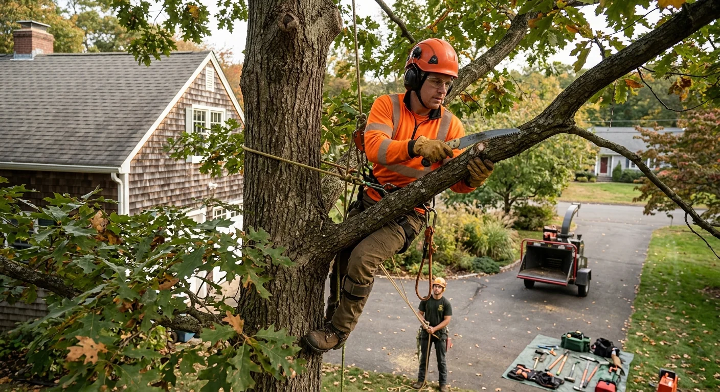 Technician operating a stump grinder on a residential Milford property after tree removal
