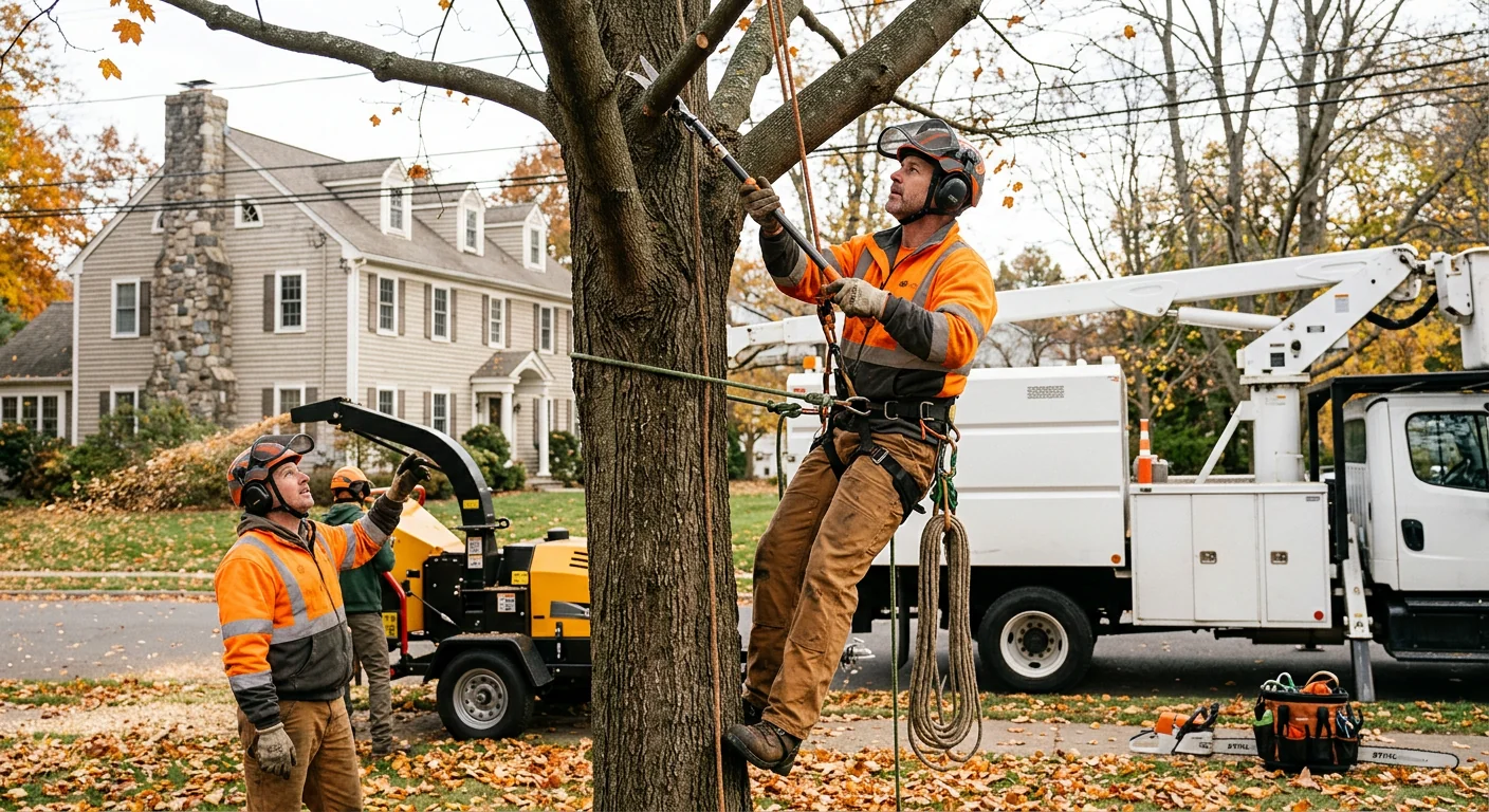 Certified arborist installing steel cabling support in a mature shade tree