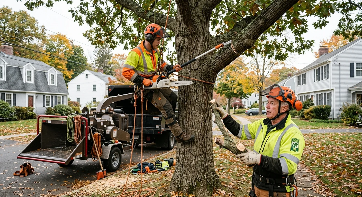 Arborist installing support cable in a mature tree canopy at a Milford property