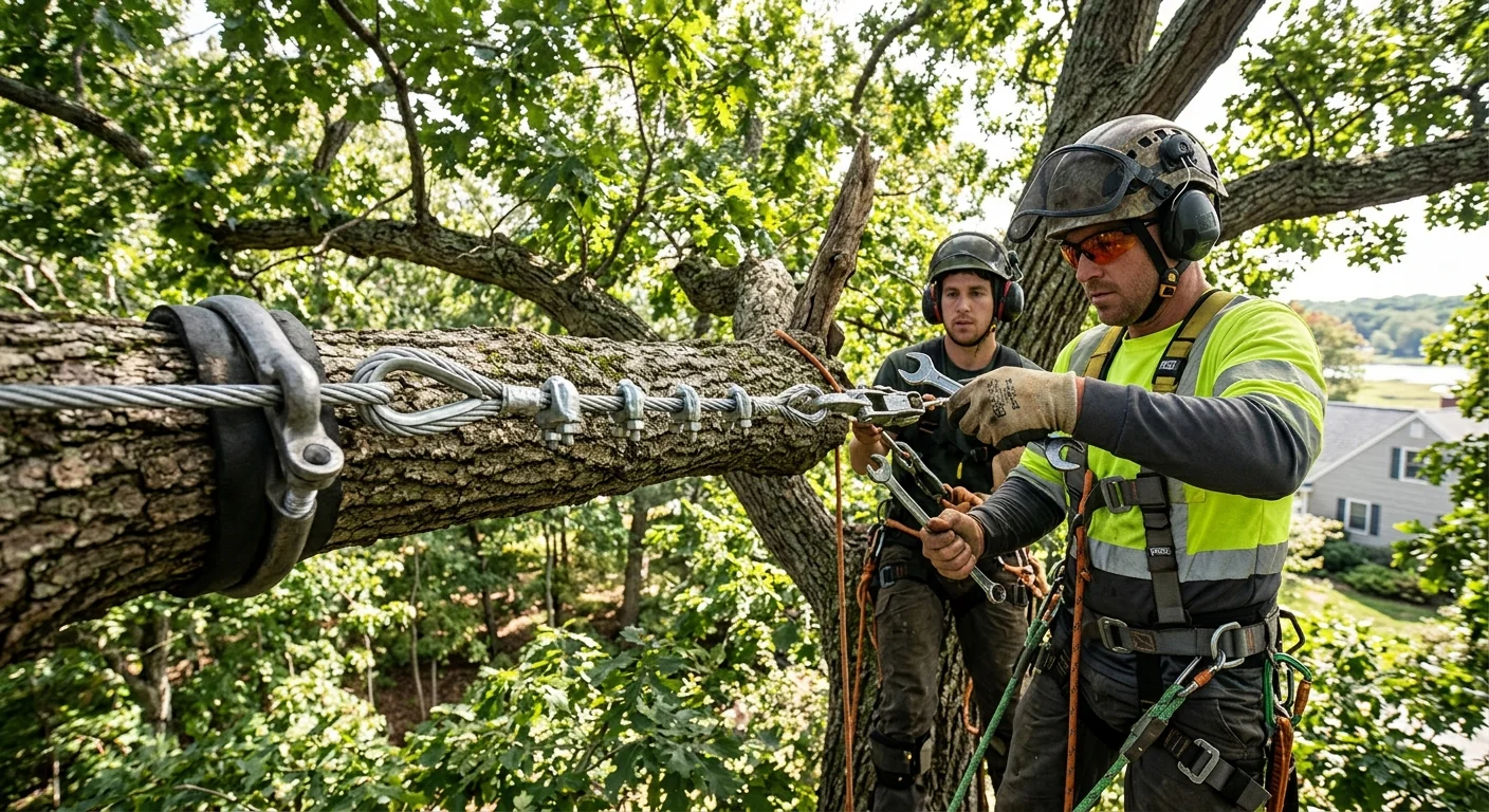 Close-up of steel support cable anchored in a mature oak canopy in Milford