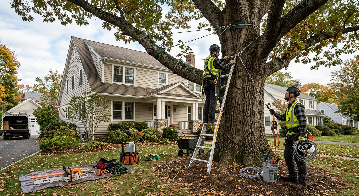 Wide shot of a large hardwood tree with installed bracing system beside a home