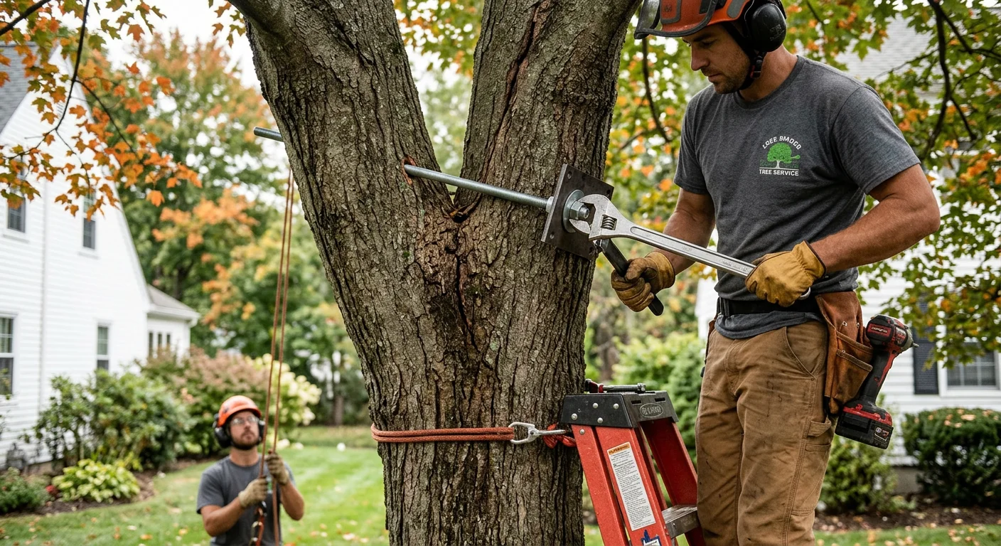 Technician positioning a through-bolted brace rod at a split maple union