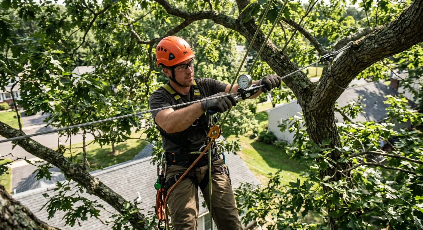 Arborist checking cable tension high in a residential shade tree