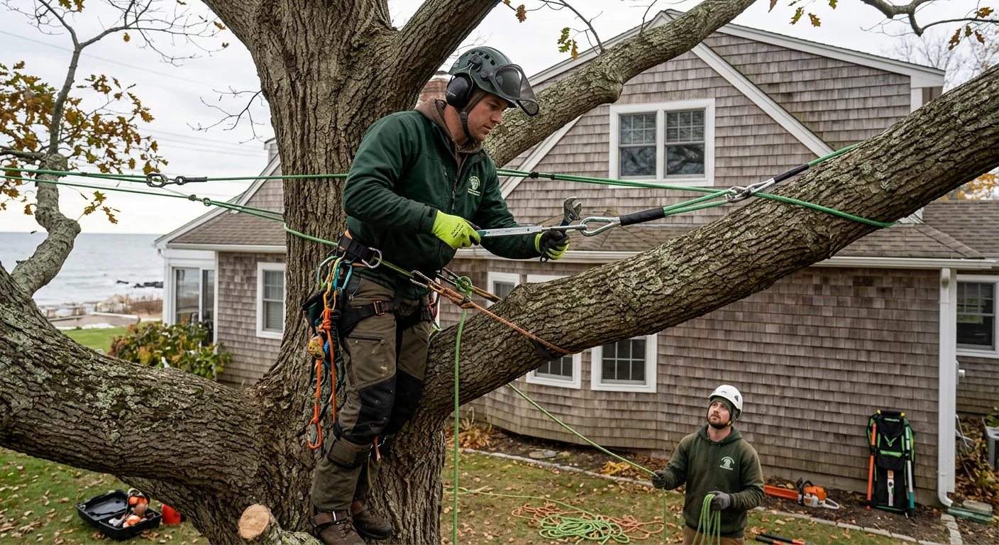 Coastal Milford yard tree with completed cabling stabilizing heavy limbs