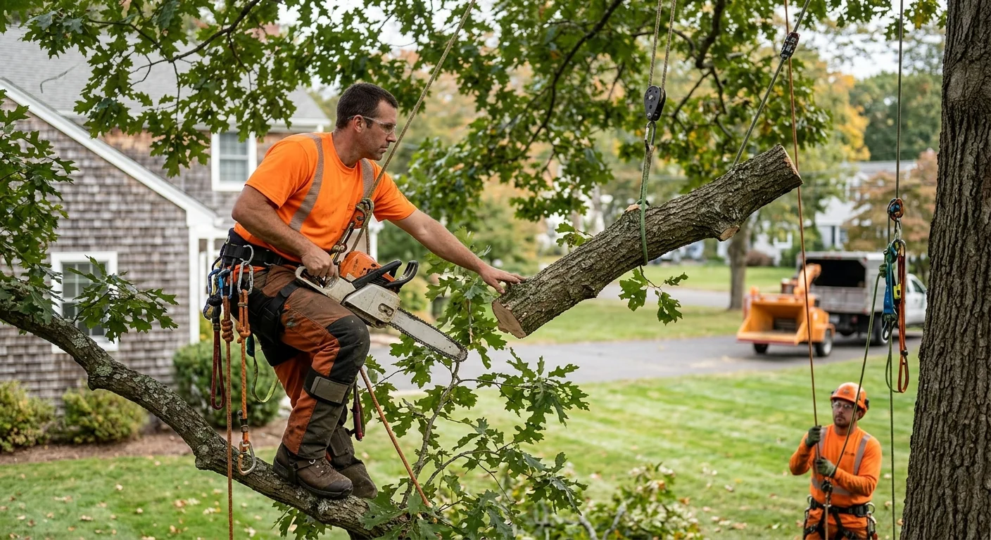 Arborist installing steel support cable in a mature hardwood canopy in Milford