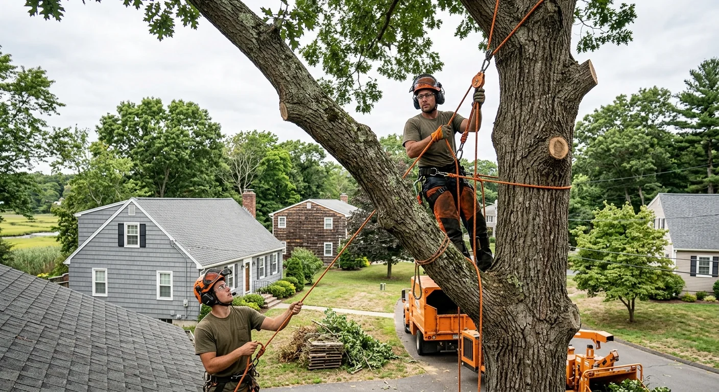 Arborist inspecting tree canopy health on a Milford residential property