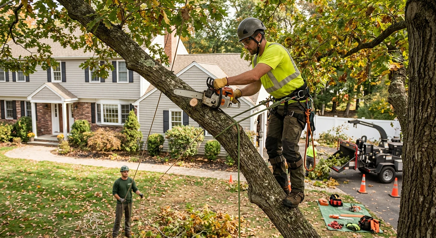 Arborist inspecting a mature tree canopy during a Milford health maintenance visit