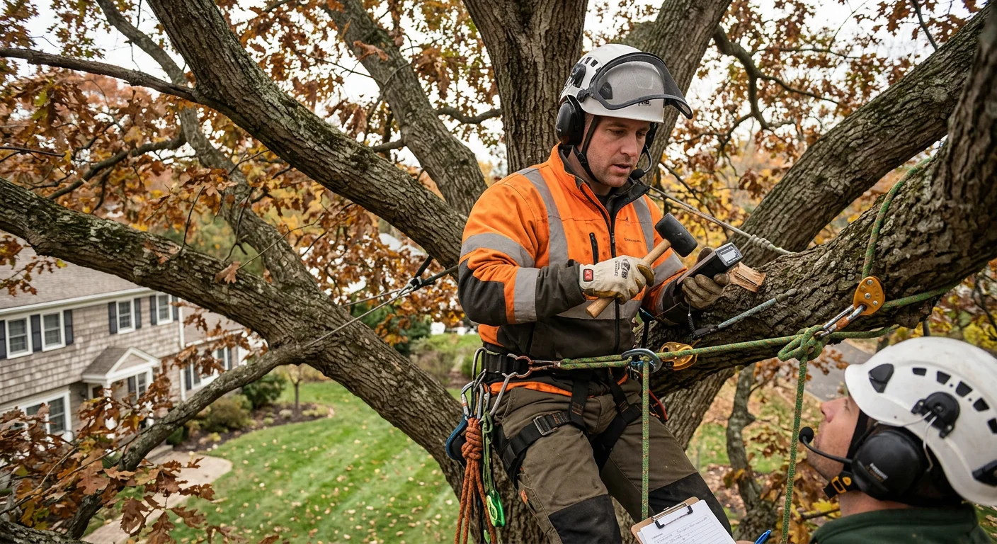Arborist inspecting canopy of a mature oak on a Milford residential property