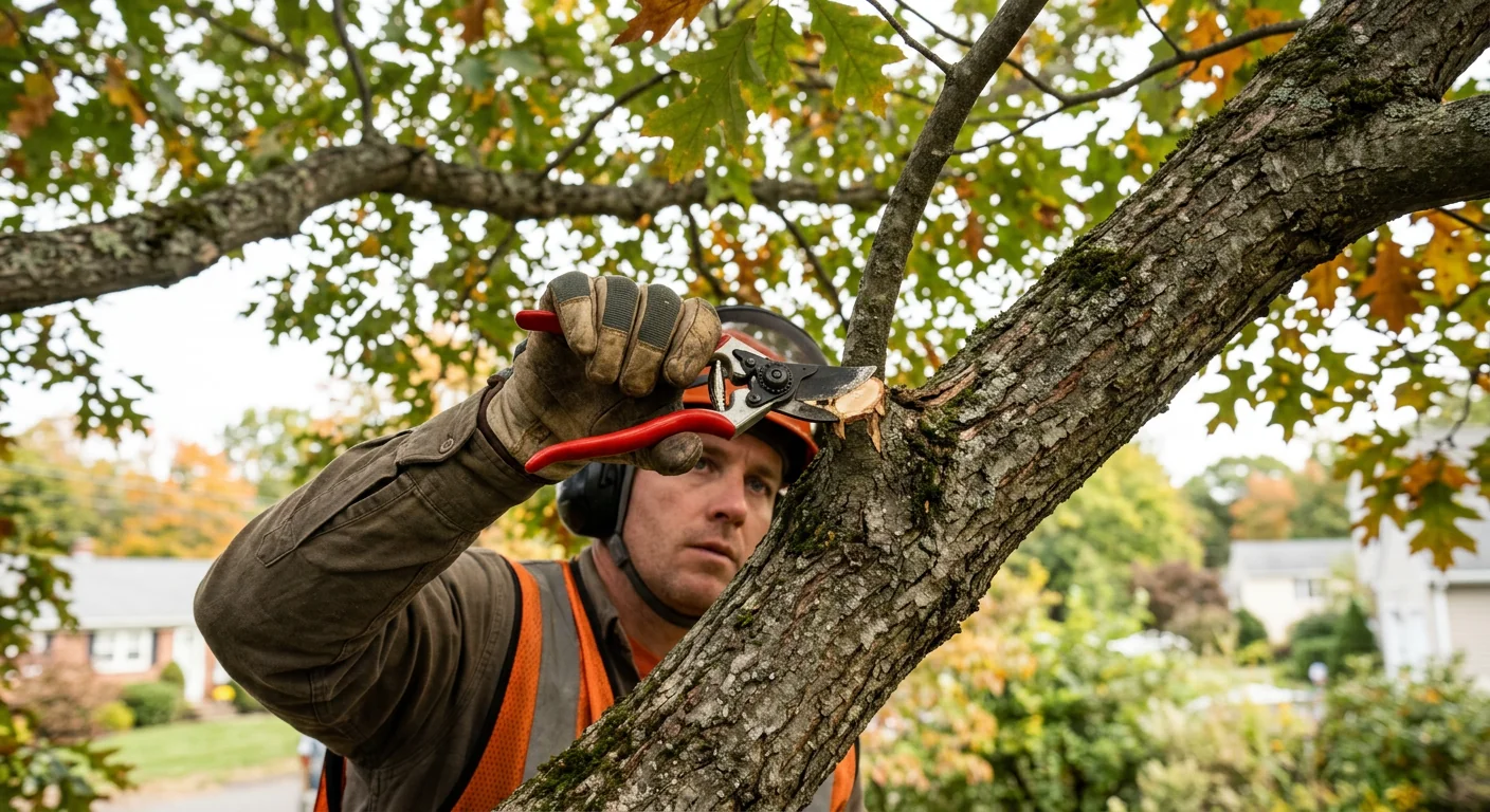 Close-up of corrective pruning cut on a healthy tree limb