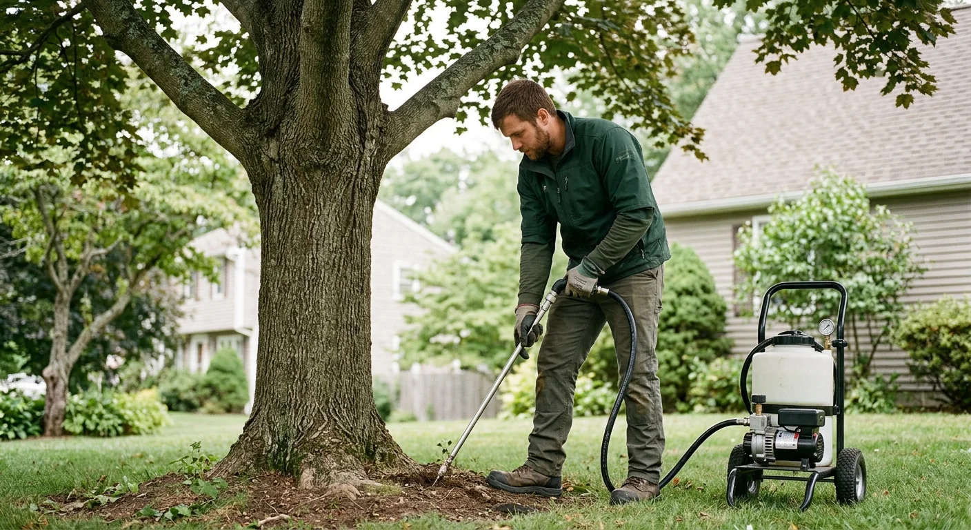 Technician applying deep-root fertilization around the base of a large shade tree