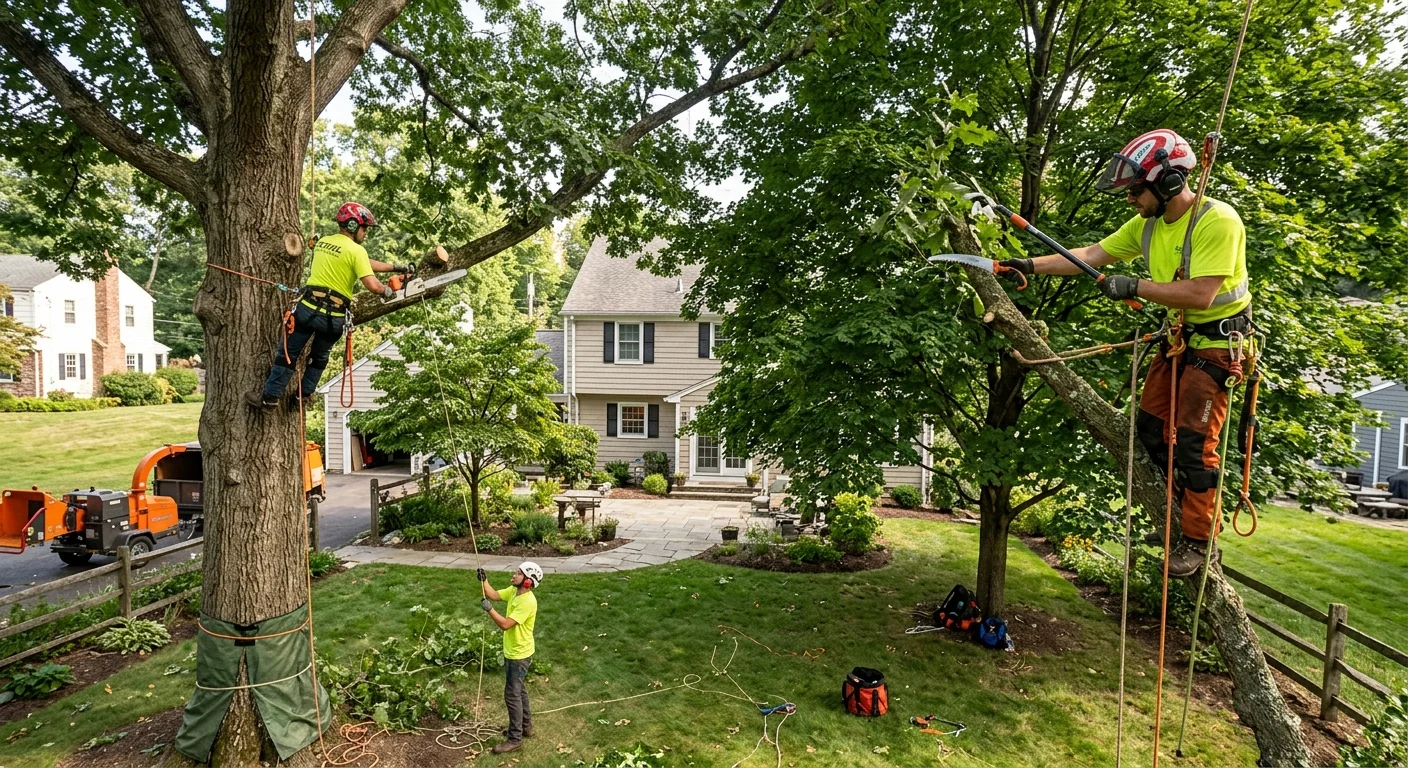 Wide shot of a maintained tree canopy over a Milford backyard