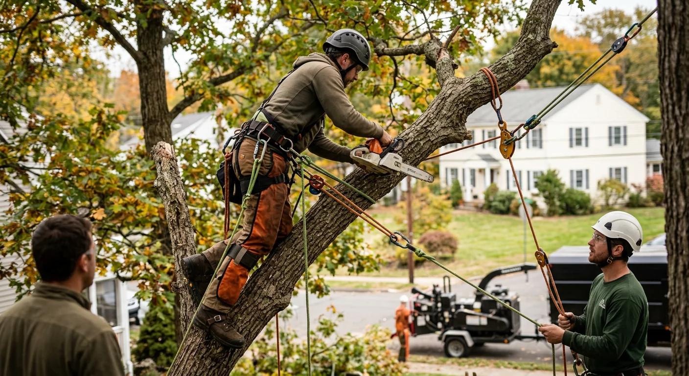 Deadwood removal in progress using professional climbing and rigging gear