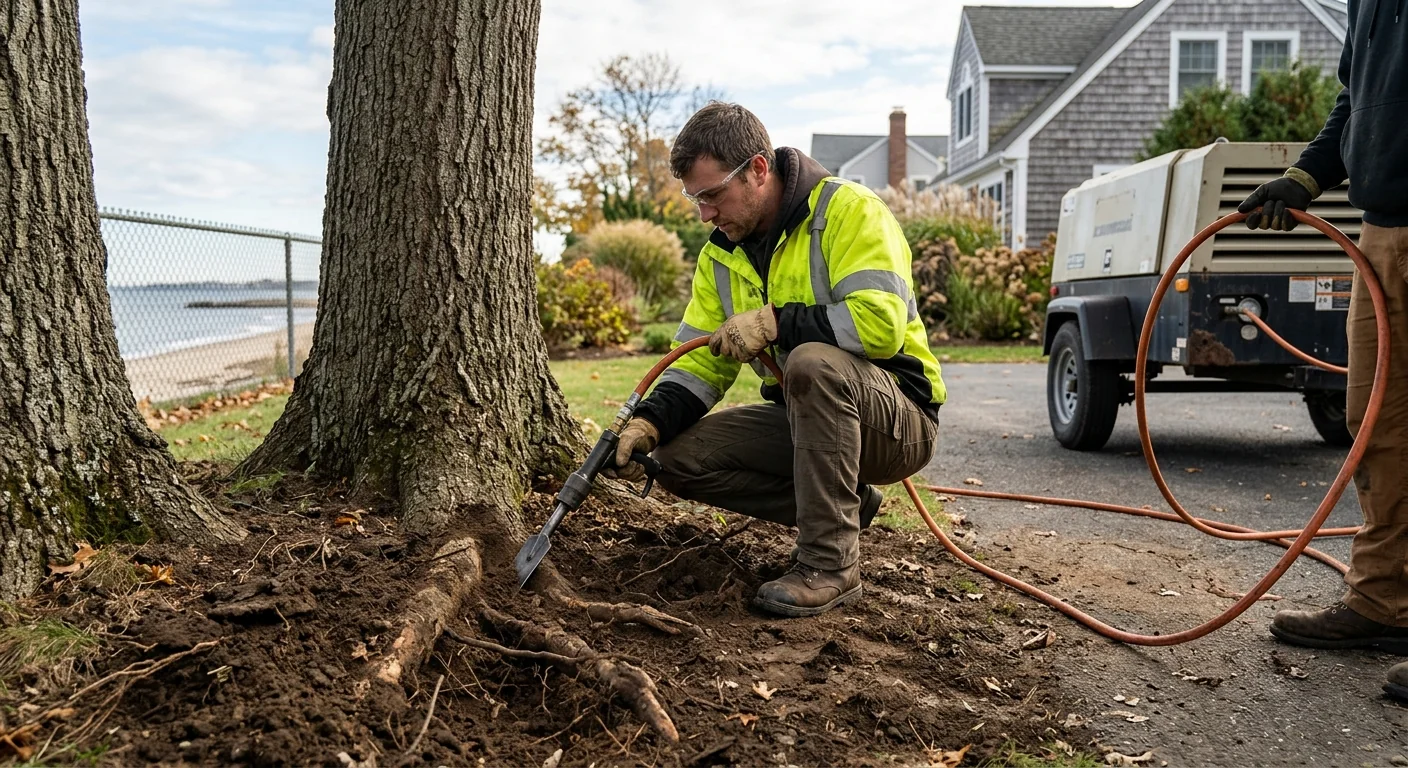 Soil aeration work near tree roots on a coastal Milford lot