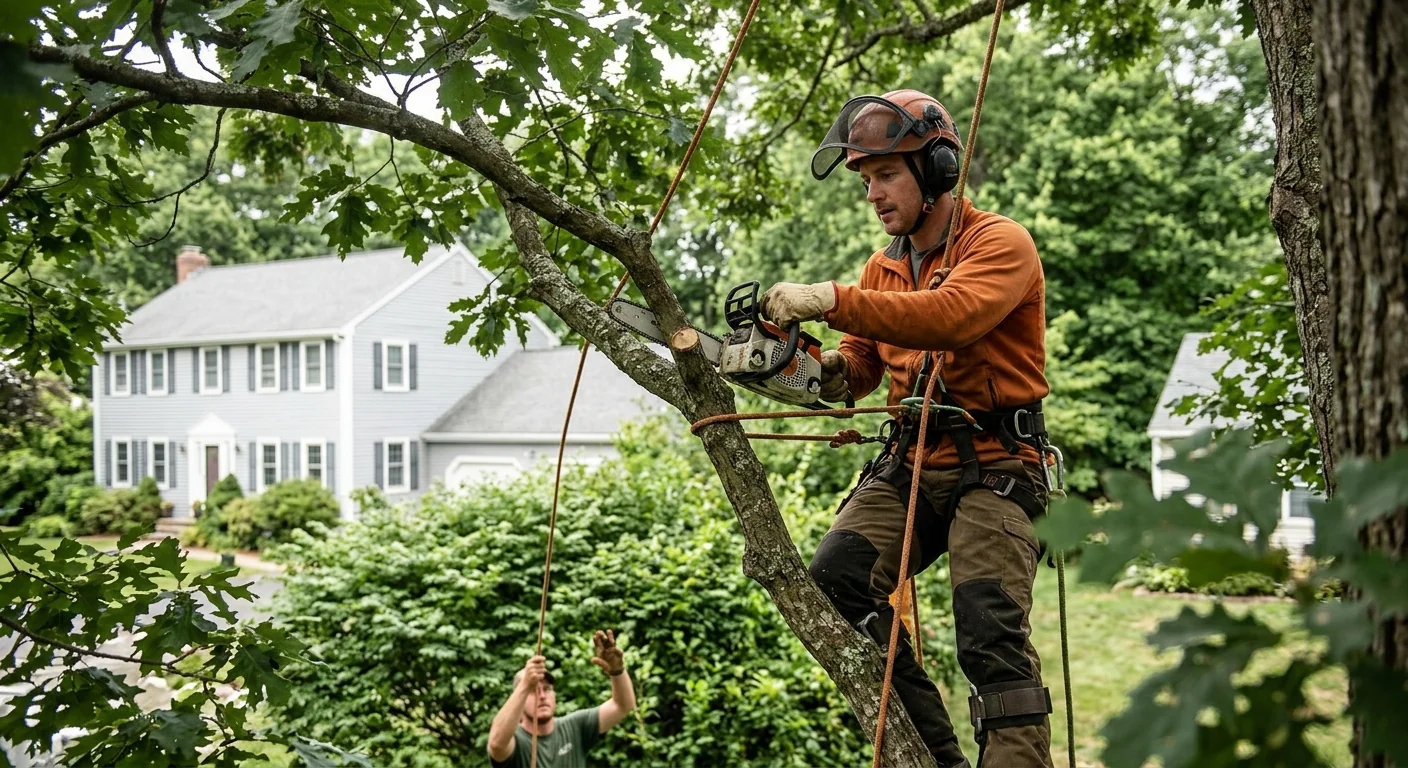 Arborist inspecting a mature tree canopy during a health assessment in Milford