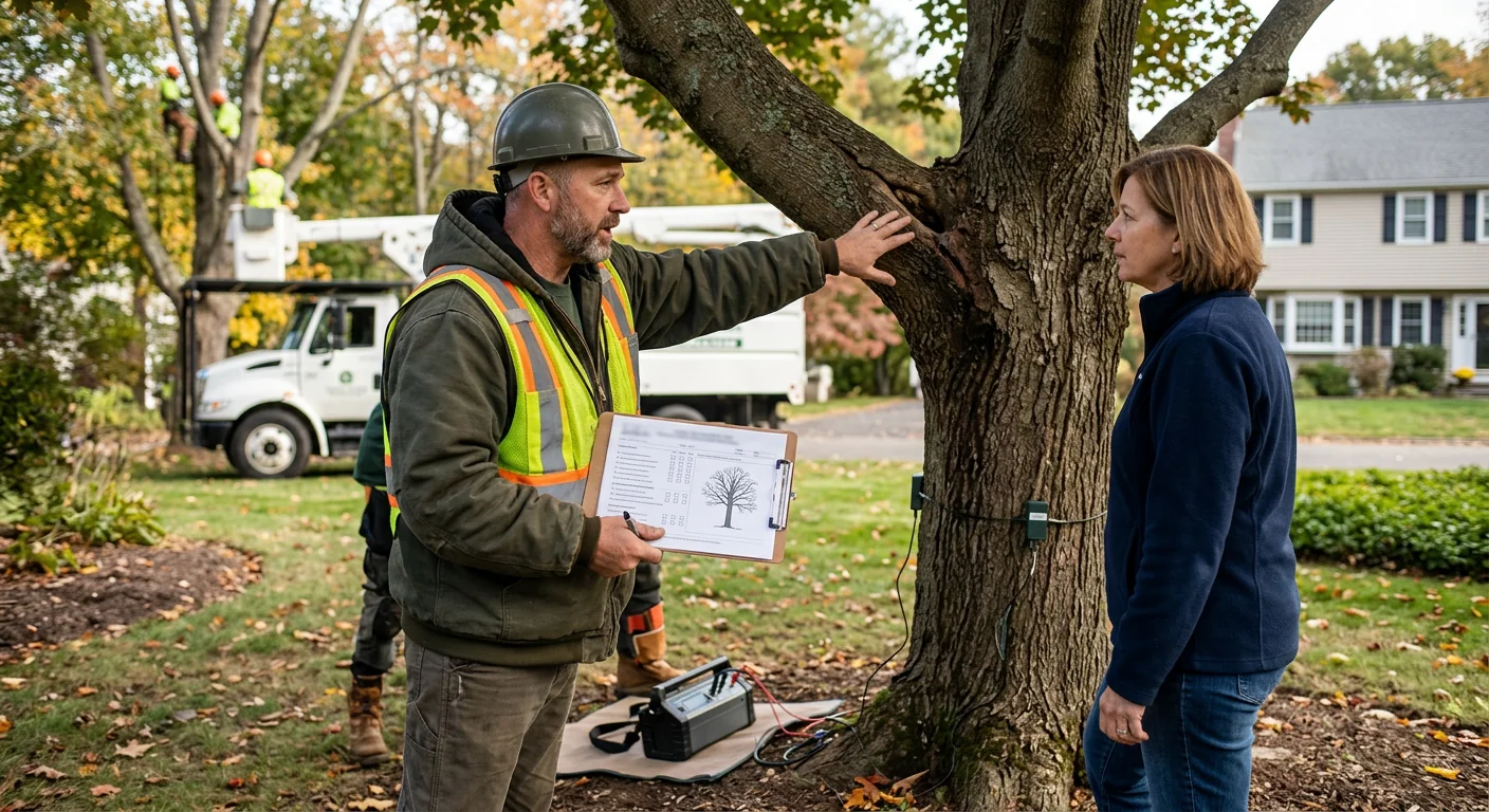 Arborist evaluating soil and planting site for new trees on a Milford residential property