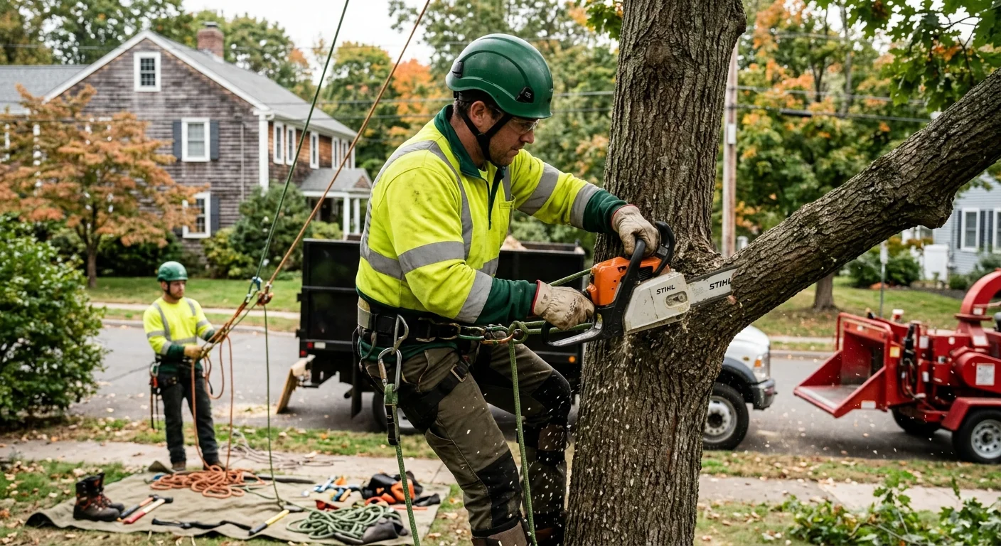 Crew planting young trees in a residential Milford yard