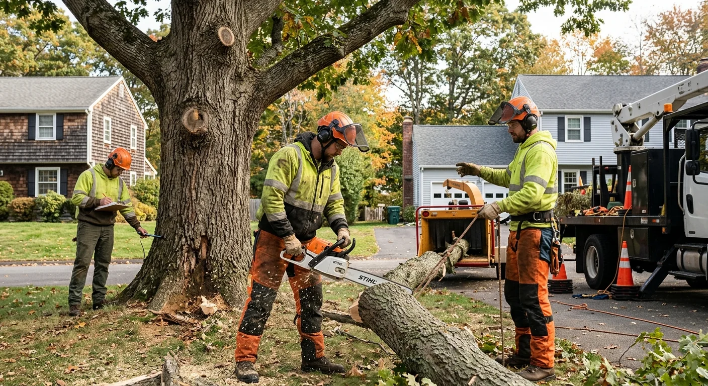 Arborist positioning a young tree with proper root flare at a Milford property