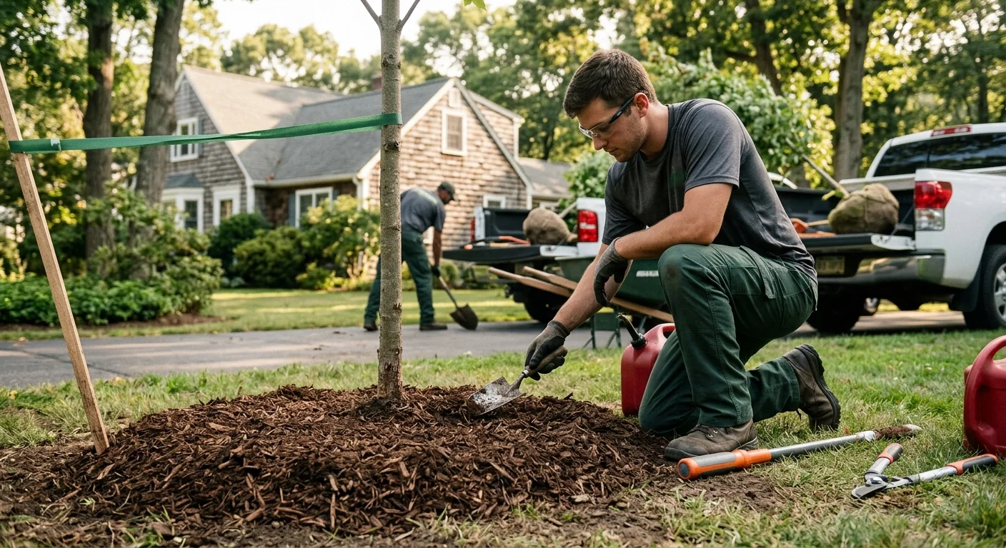 Close-up of a freshly planted young tree with mulched root zone in a Milford yard