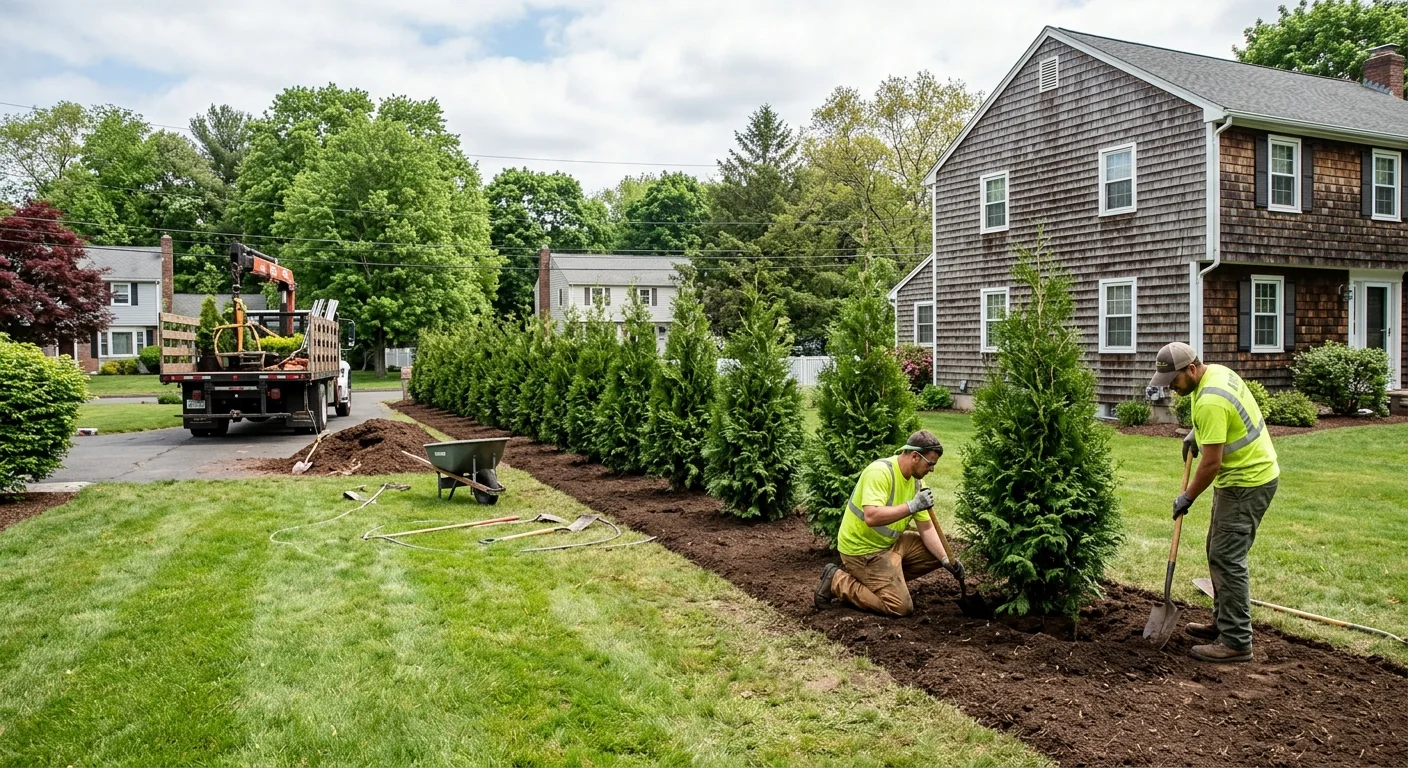 Wide shot of a privacy tree row newly installed along a residential property line