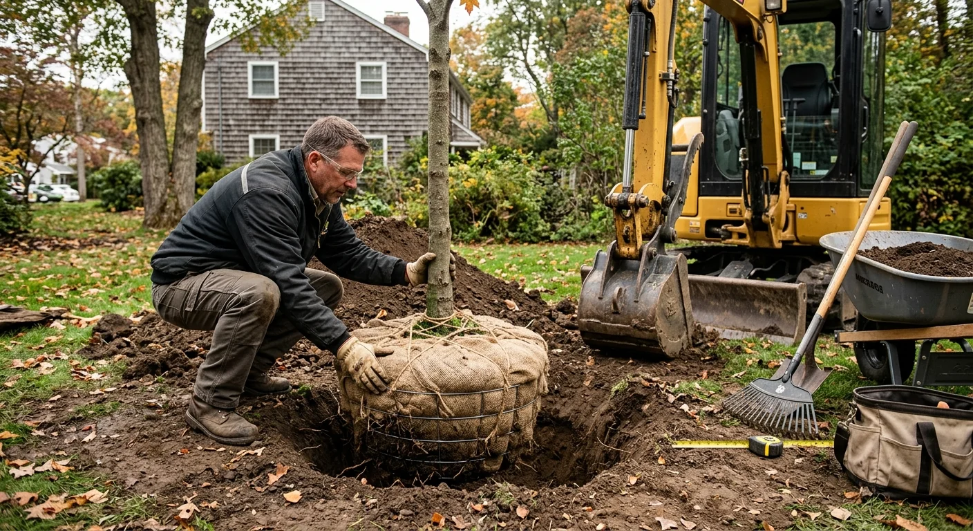 Technician setting a balled-and-burlapped tree into a prepared planting hole