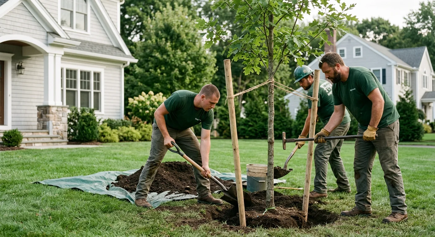 Crew backfilling soil around a newly staked shade tree on a Milford property