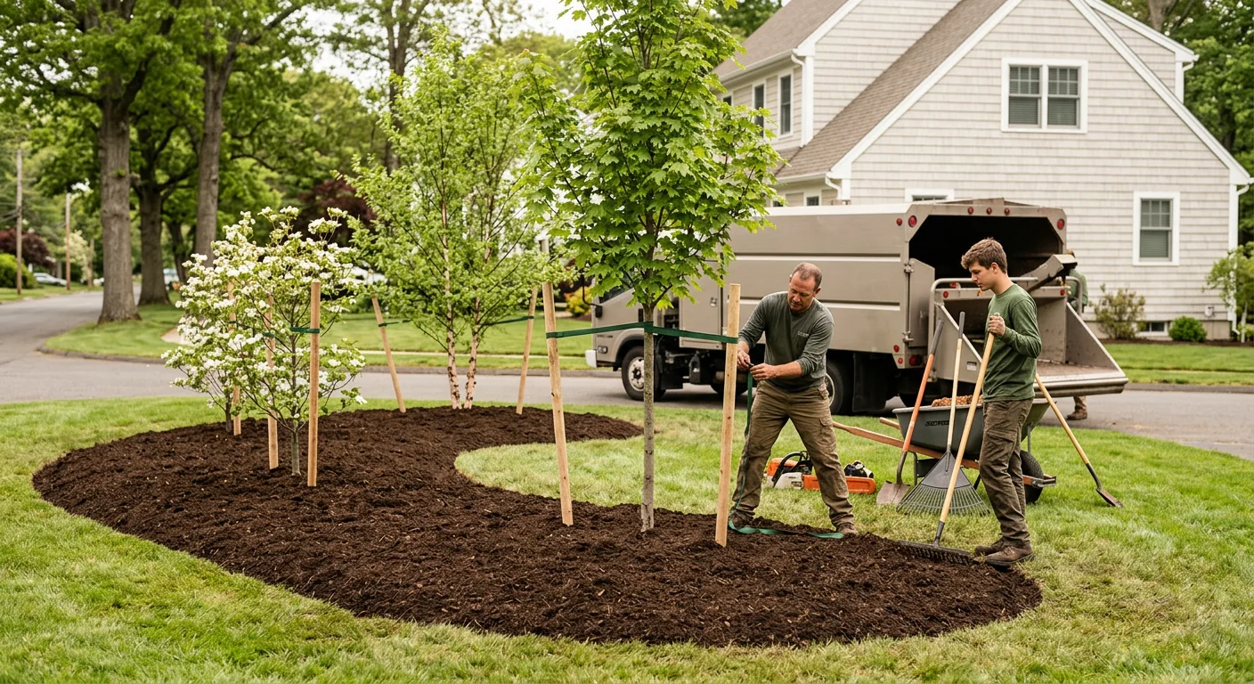 Finished landscape with several established young trees and fresh mulch beds