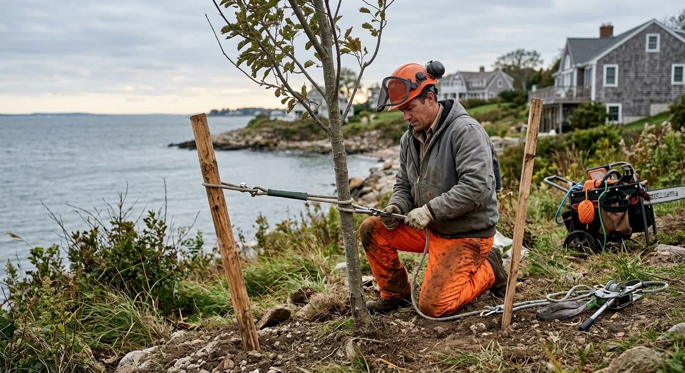 Staking and cabling supporting a young trunk against coastal wind exposure