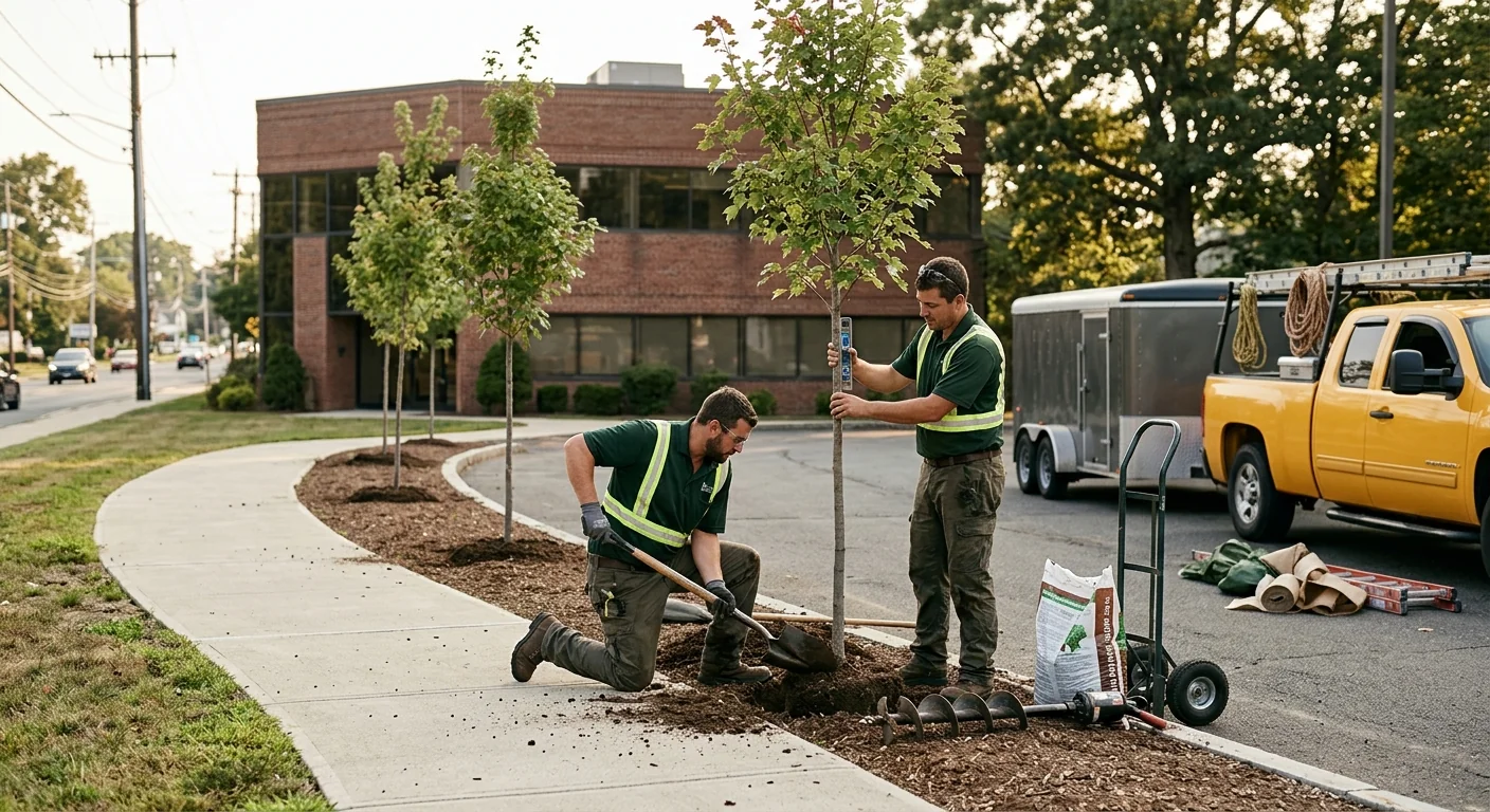 Commercial frontage with newly planted trees spaced along a walkway in Milford