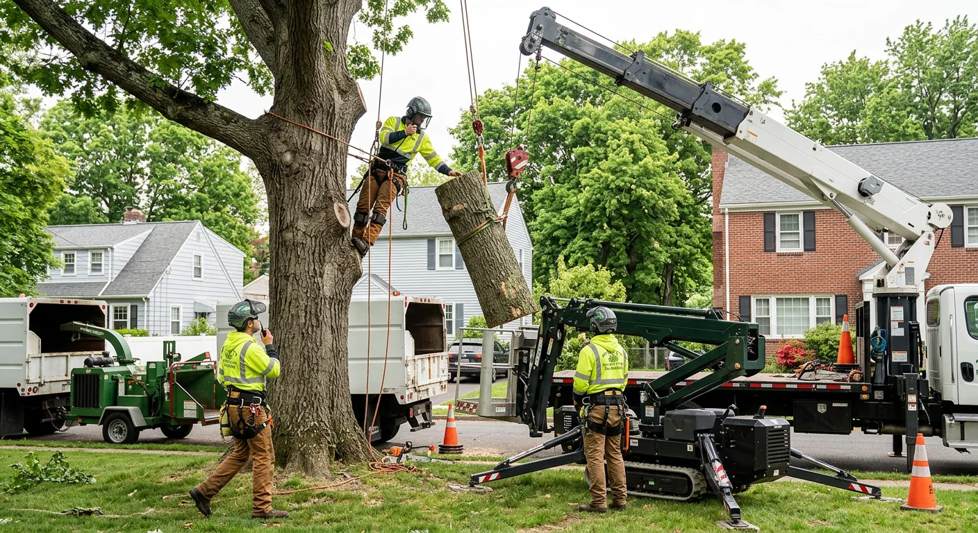 Technician planting a young tree with proper root ball placement on a Milford property