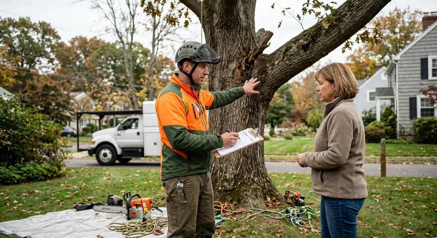 Arborist evaluating a mature backyard tree canopy before pruning in Milford