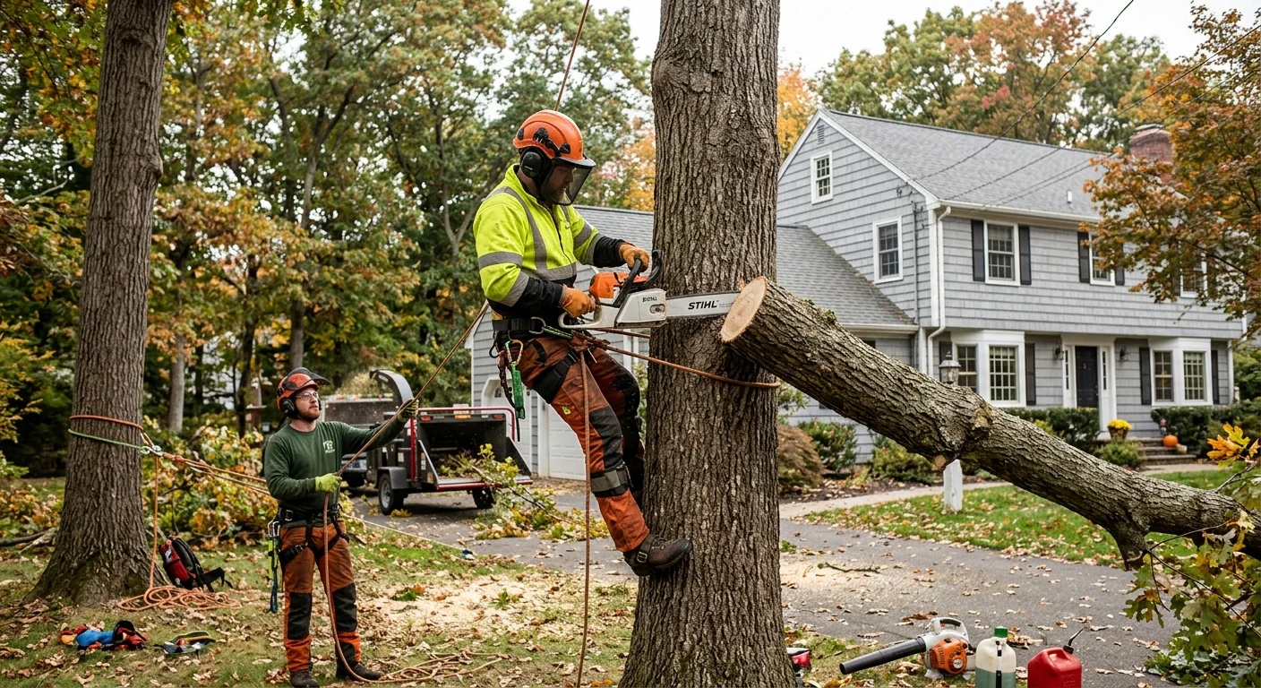 Arborist pruning a mature shade tree on a Milford property
