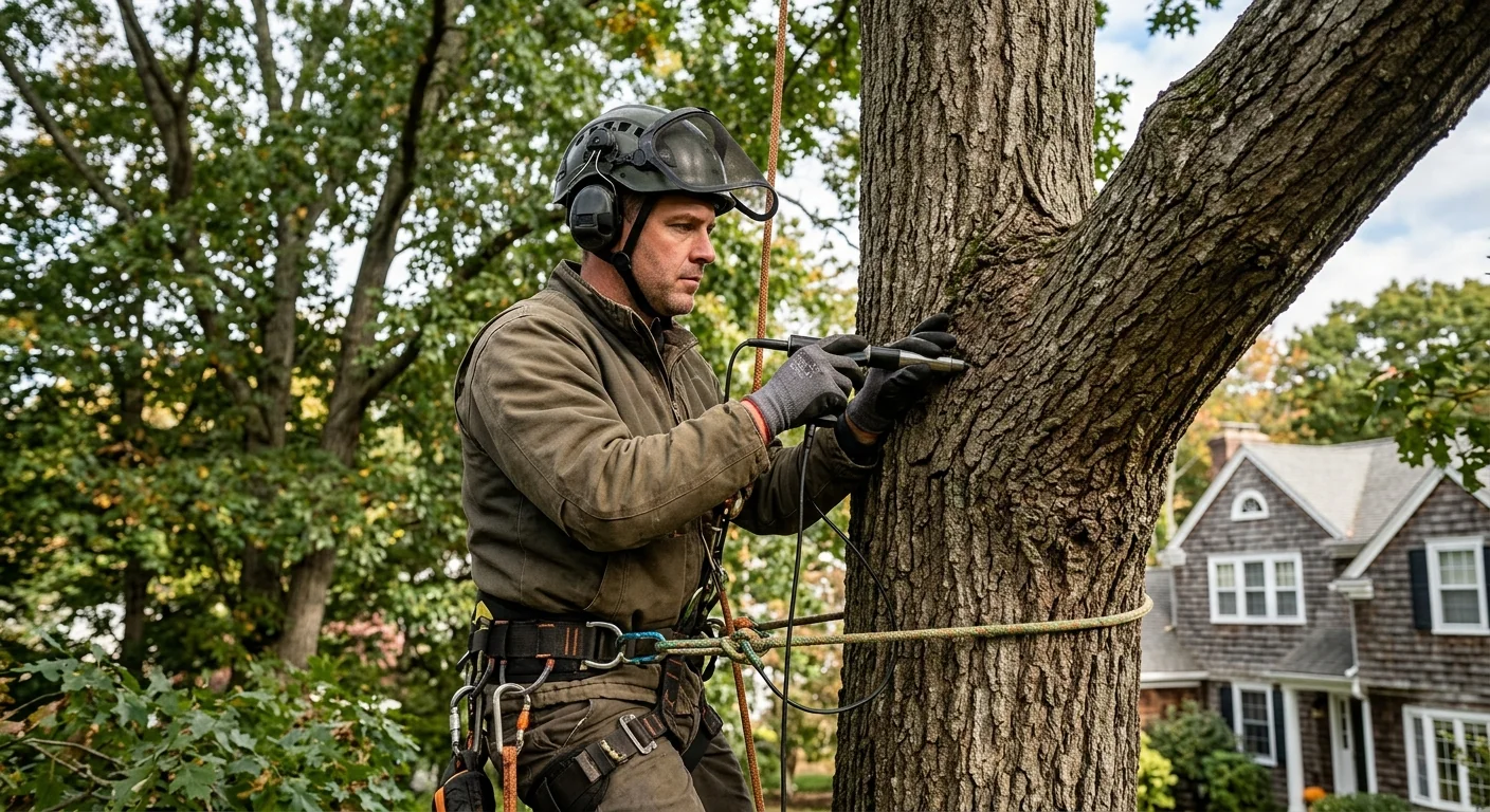 Arborist making a precise branch-collar cut during tree pruning on a Milford property