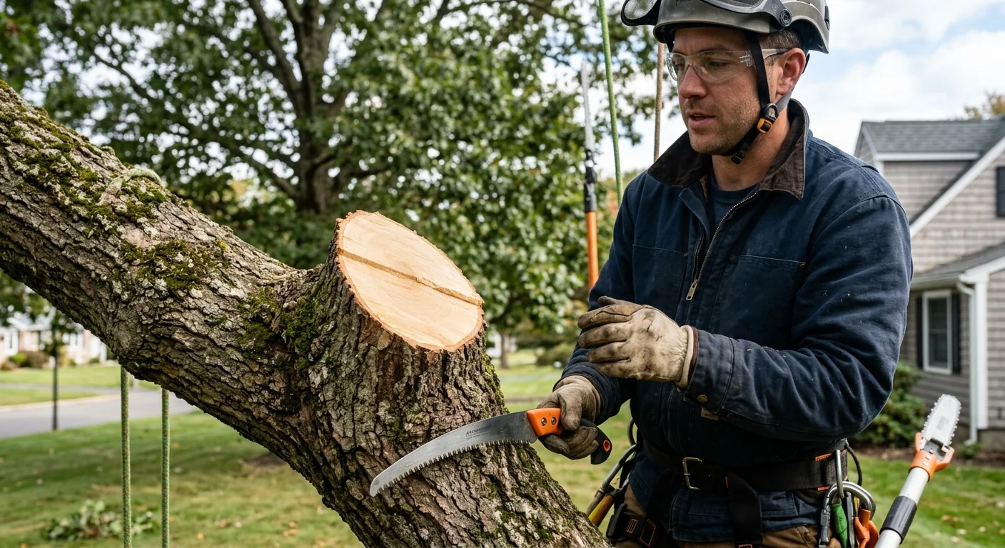 Close-up of a clean pruning cut on a mature oak branch in Milford