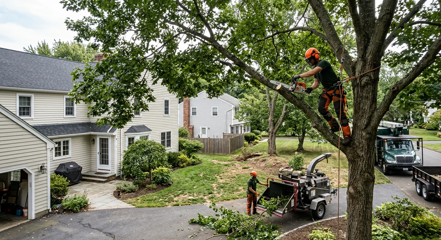 Wide shot of a trimmed backyard canopy over a Milford residential property