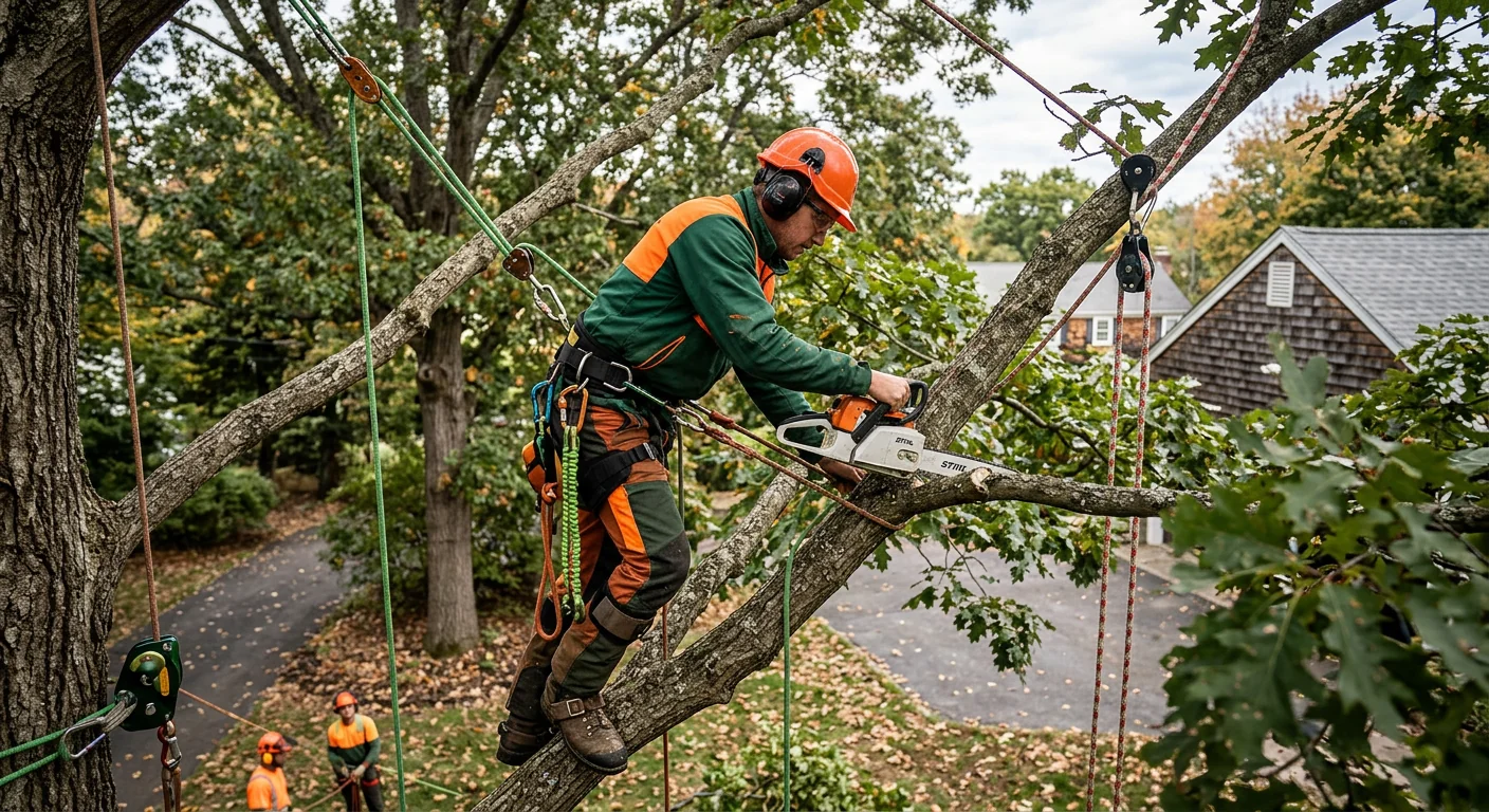 Climber performing crown thinning with rigging lines high in a hardwood