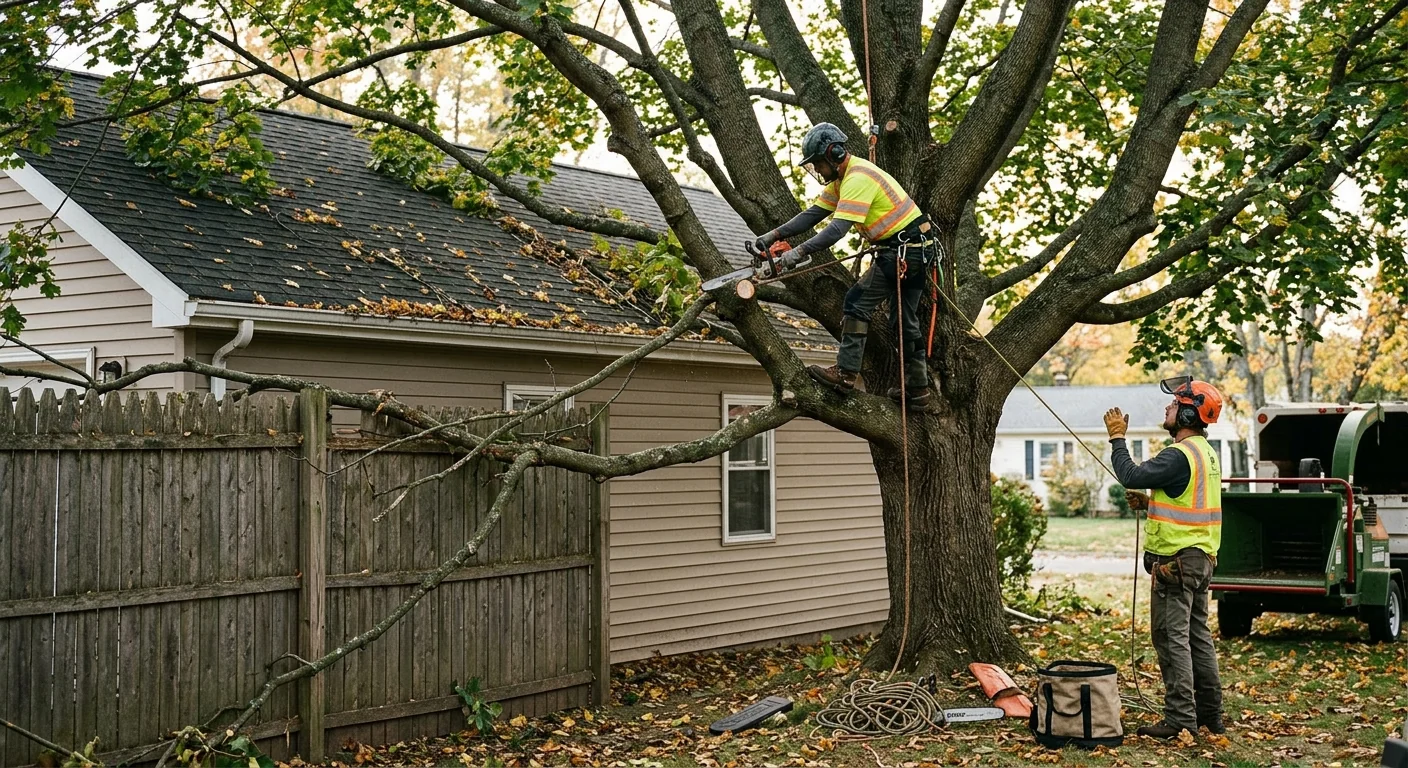 Before context of a dense overgrown maple near a rooflines and fence