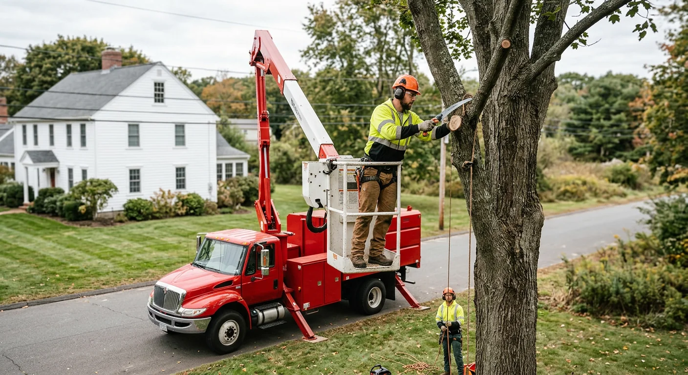 Aerial lift positioned beside a tall tree during structural pruning work